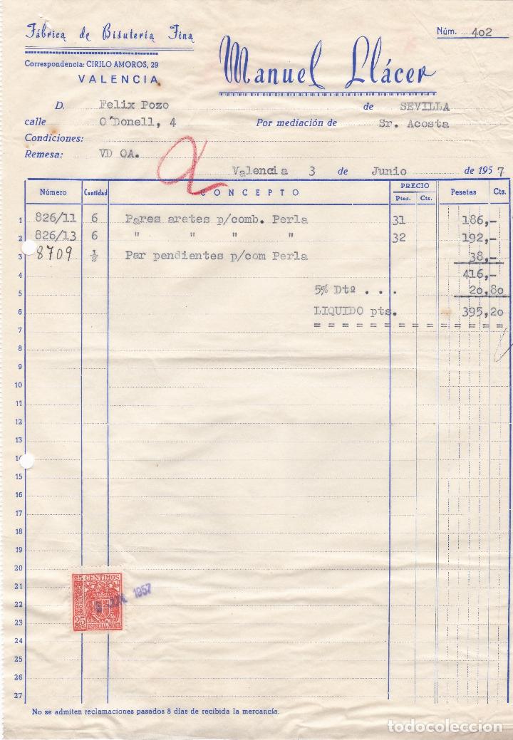Fatture antiche: Factura. Manuel Ll&aacute;cer. F&aacute;brica de bisuter&iacute;a fina. Valencia 1957