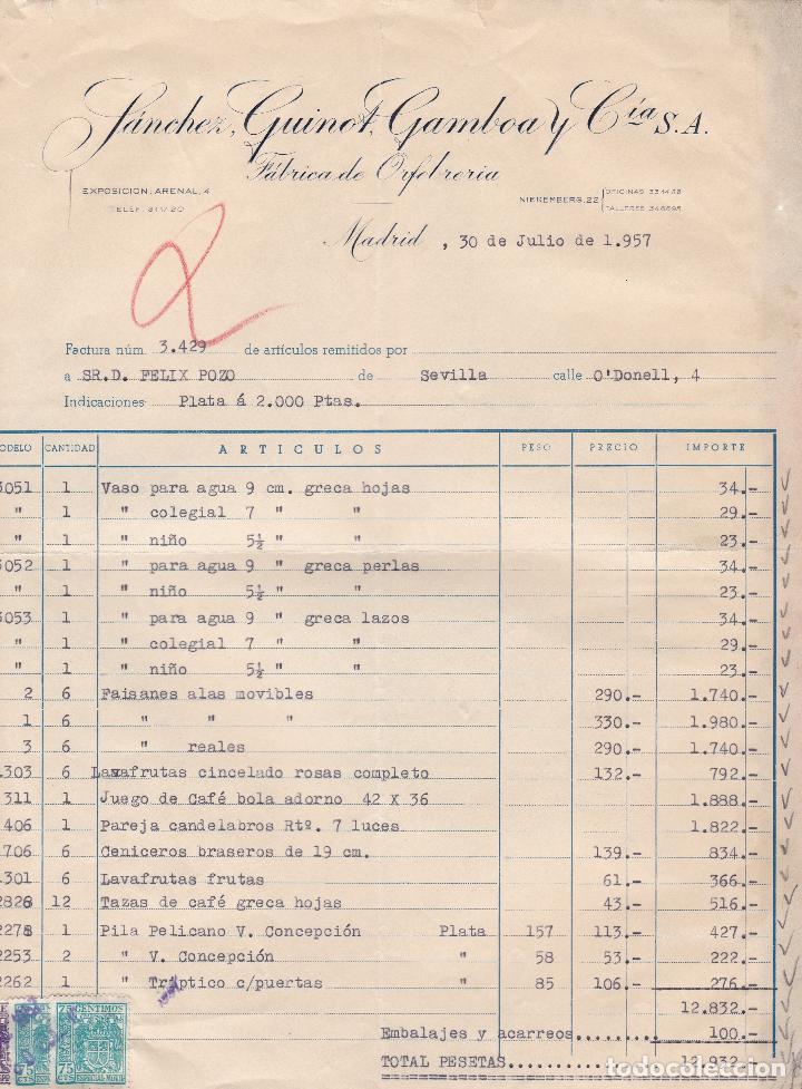 Fatture antiche: Factura. S&aacute;nchez Quinoa, Gamboa y C&iacute;a. S.A. F&aacute;brica de Orfrer&iacute;a. Madrid 1957