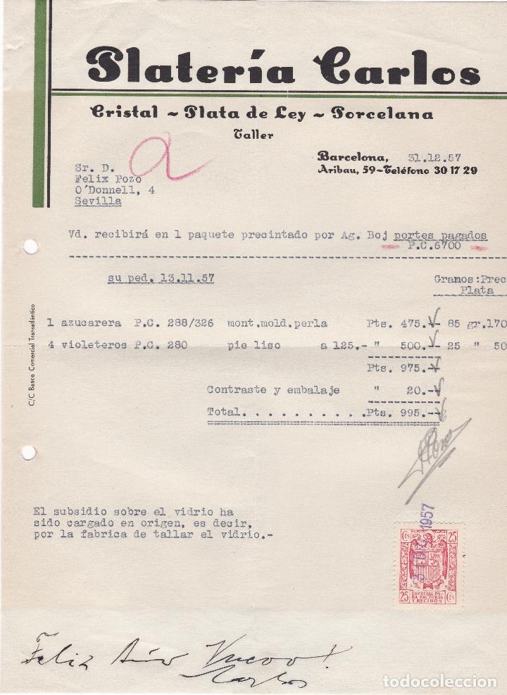 Fatture antiche: Factura. Plater&iacute;a Carlos. Cristal-Plata de ley-Porcelana. Barcelona 1957