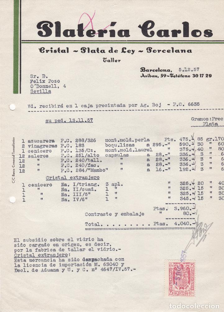 Fatture antiche: Factura. Plater&iacute;a Carlos. Cristal-Plata de ley-Porcelana. Barcelona 1957