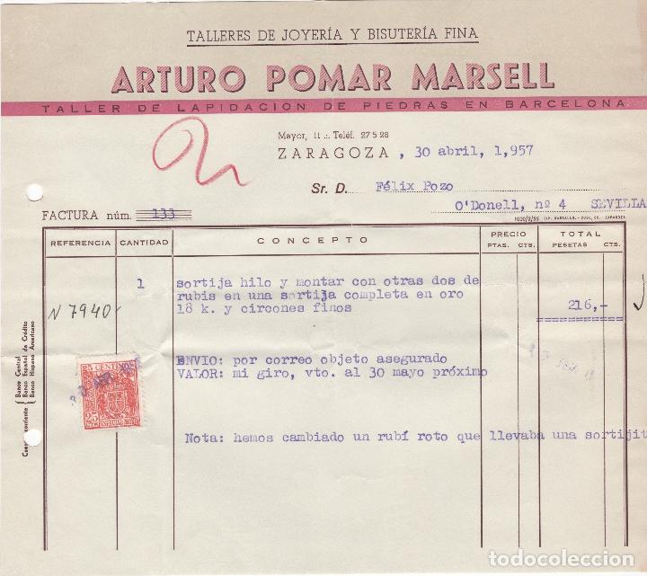 Fatture antiche: Factura. Arturo Pomar Marsell. Talleres de joyer&iacute;a y bisuter&iacute;a fina. Zaragoza 1957