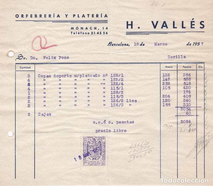 Fatture antiche: Factura. H. Vall&eacute;s. Orfebrer&iacute;a y Plater&iacute;a. Barcelona 1957