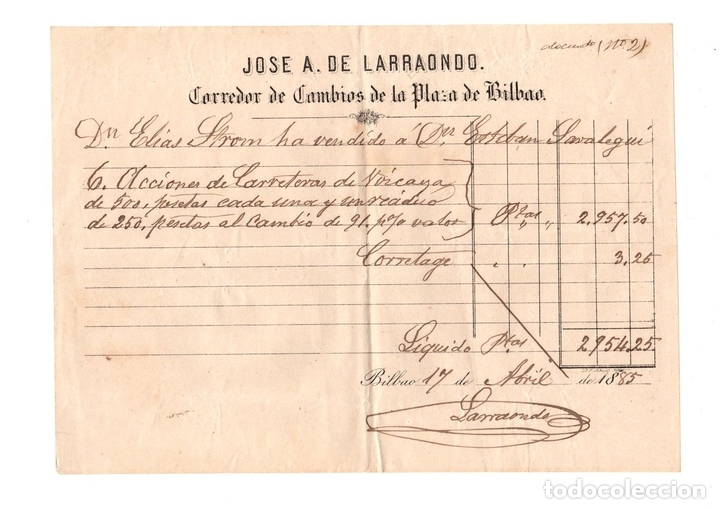 Old Invoices: FACTURA CORREDOR DE CAMBIOS JOSE A. DE LARRAONDO. VENTA DE ACCIONES DE CARRETERAS DE VIZCAYA