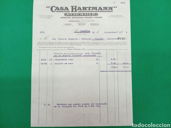 Facturas antiguas: Factura Casa Hartmann 1924 - Foto 1