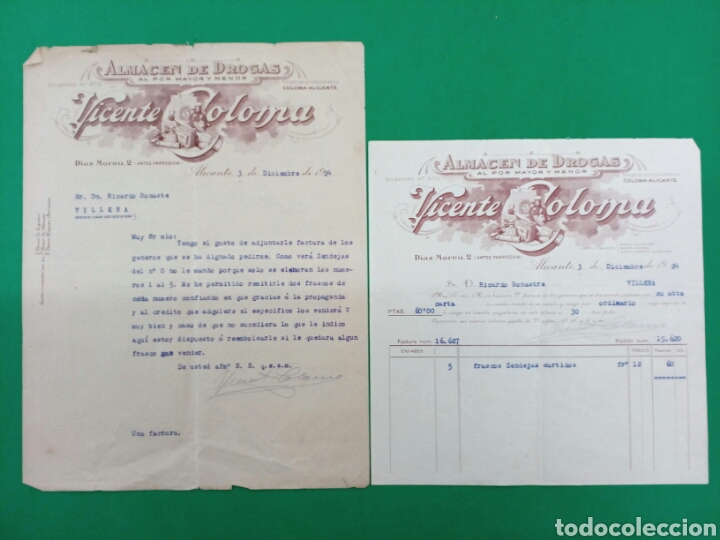 Factures anciennes: Factura y carta comercial de Vicente Coloma 1924