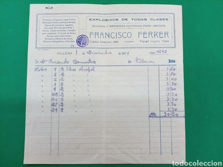 Factures anciennes: Factura Francisco Ferrer , almacen de explosivos 1924