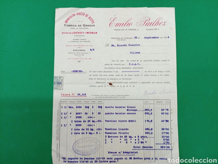 Old Invoices: Factura de Emilio Pailhez 1926 Primera fabrica de vaselina en Espa&ntilde;a