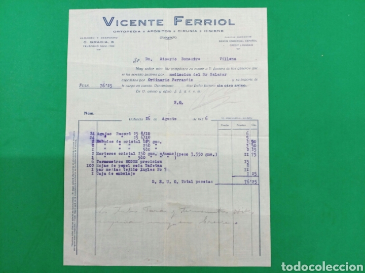 Factures anciennes: Factura Vicente Ferriol ,Ortopedia 1926