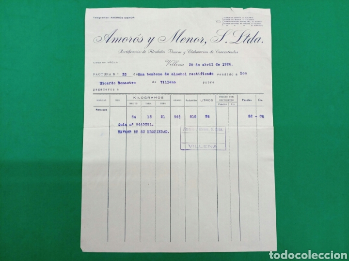 Factures anciennes: Factura de Amoros y Menor , S.Ltda. 1926 Villena