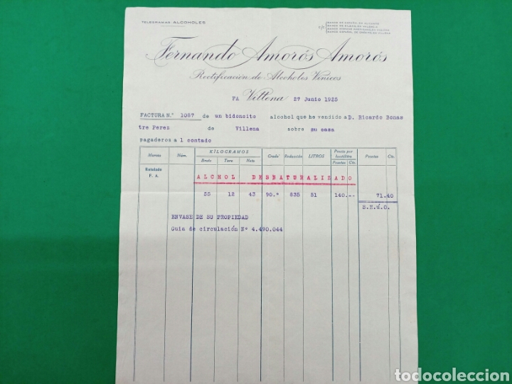 Factures anciennes: Factura de Fernando Amoros Amoros 1925 , Villena