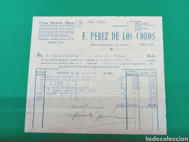 Factures anciennes: Factura de F.Perez de los Cobos 1924