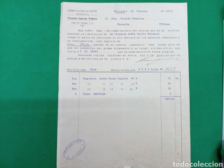 Factures anciennes: Factura de fabrica de cajas de carton Vicente Garcia Valero 1926