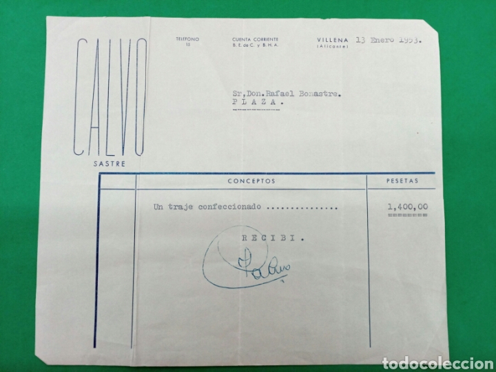 Old Invoices: Factura Calvo, Sastre 1953 Villena