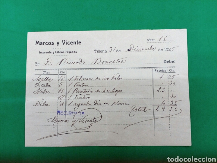 Factures anciennes: Factura de la imprenta Marcos y Vicente 1925 Villena