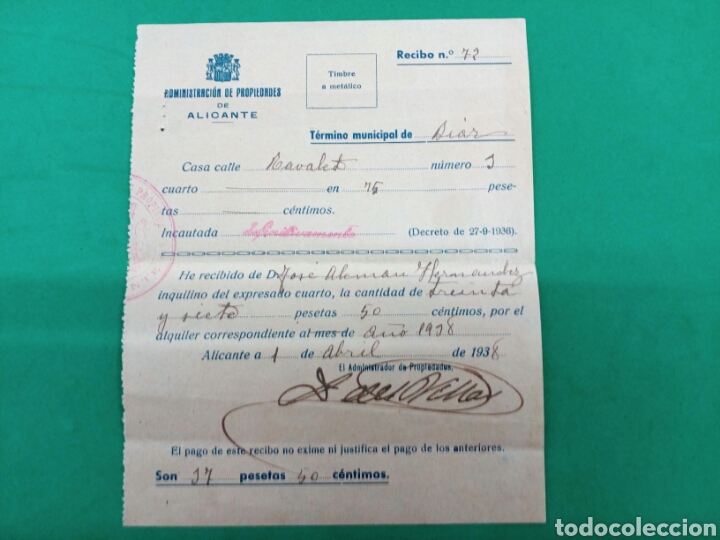 Factures anciennes: Recibo de la administraci&oacute;n de propiedades de Alicante, 1938 Biar