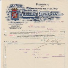 Facturas antiguas: FACTURA COMERCIAL FABRICA SOMBREROS DE FIELTRO DE VIUDA DE MANUEL SERRANO EN PRIEGO DE CORDOBA 1930. Lote 149212990