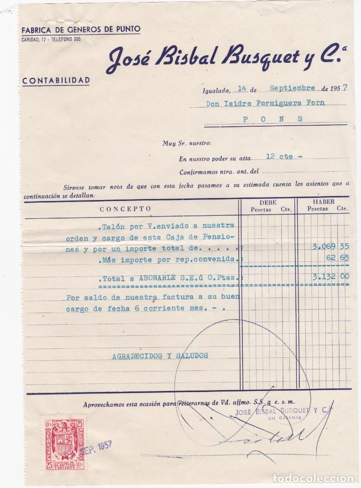 Facturas antiguas: factura jose bisbal busquet, igualada 1957 - Foto 1