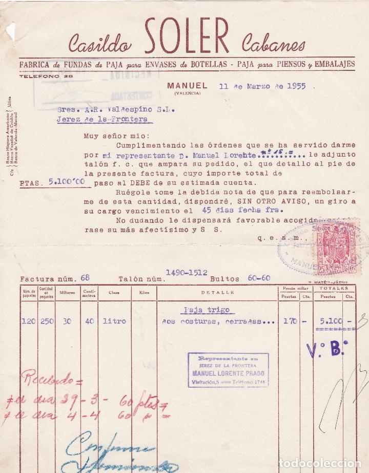 Fatture antiche: Factura. Casildo Soler Cabanes. F&aacute;brica de Fundas de paja para envases de botellas. Valencia 1955
