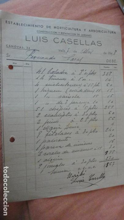 Facturas antiguas: ANTIGUA FACTURA.LUIS CASELLAS.HORTICULTURA ARBORICULTURA.VALLS TARRAGONA 1948