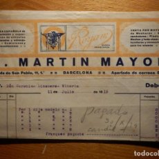 Facturas antiguas: FACTURA - A. MARTÍN MAYOR - RONDA DE SAN PABLO, 11 - BARCELONA - AÑO 1919