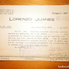Facturas antiguas: ANTIGUA FACTURA COMERCIAL - LORENZO JUANES - ARAGÓN, 341 - BARCELONA - AÑO 1922 