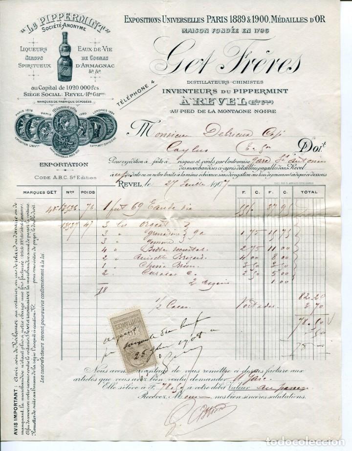 Facturas antiguas: LE PIPPERMINT  S. A.--GET FRERES- INVENTOR DEL PIPPERMINT- A&Ntilde;O 1907 - Foto 1