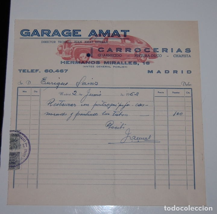 Old Invoices: FACTURA GARAGE JUAN AMAT CARROCERIAS  MADRID A&Ntilde;OS 50