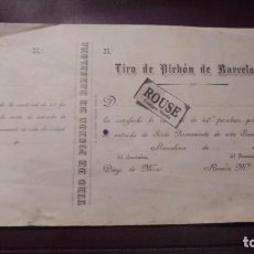 Facturas antiguas: BARCELONA ANTIGUA FACTURA ENTRADA SOCIO 1892 TIRO DE PICHON DE BARCELONA EL CONTADOR DIEGO DE MOXÓ 