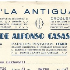 Facturas antiguas: ALCOY (ALICANTE) PAPELERÍA LA ANTIGUA, VIUDA DE ALFONSO CASASEMPERE - FECHADA AÑO 1937 GUERRA CIVIL. Lote 174984494