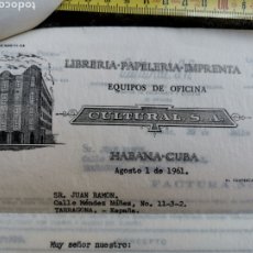 Facturas antiguas: PRECIOSA FACTURA DE LA LIBRERIA LA CULTURAL S.A, DE LA HABANA, CUBA DE 1961. Lote 176322038