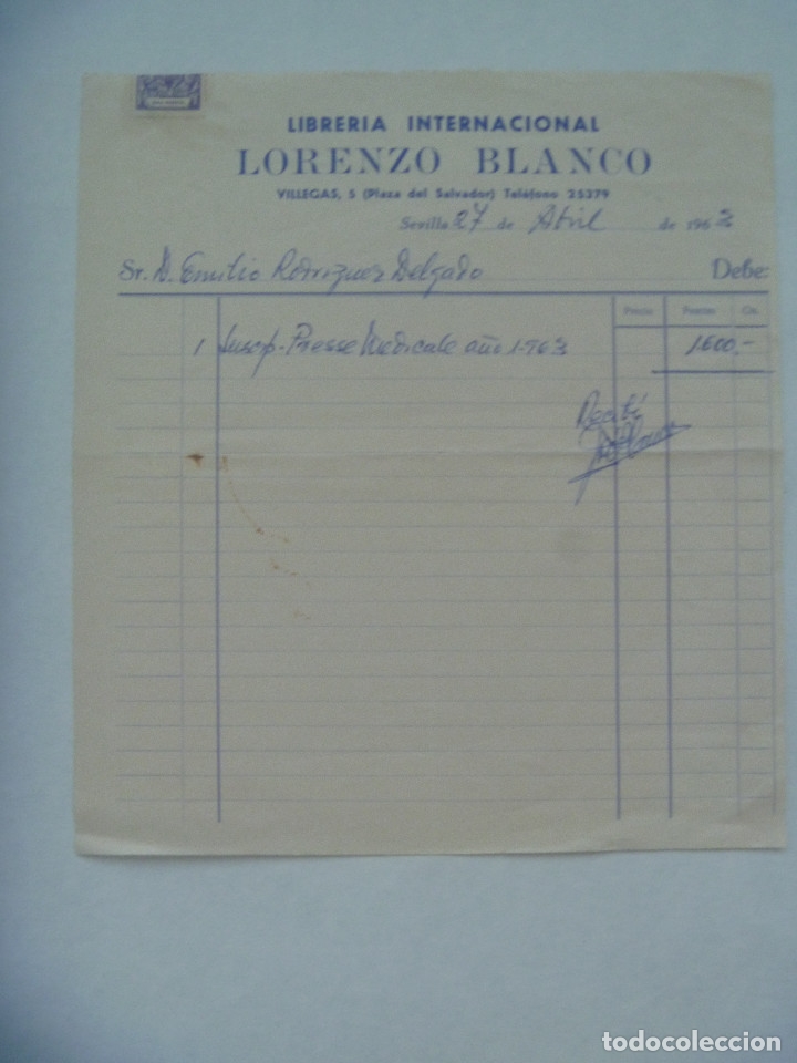 Facturas antiguas: FACTURA DE LORENZO BLANCO, LIBRERIA INTERNACIONAL. SEVILLA, 1963
