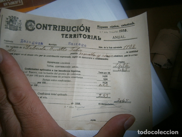 Facturas antiguas: contribucion territorial a&ntilde;o 1938 - Foto 1