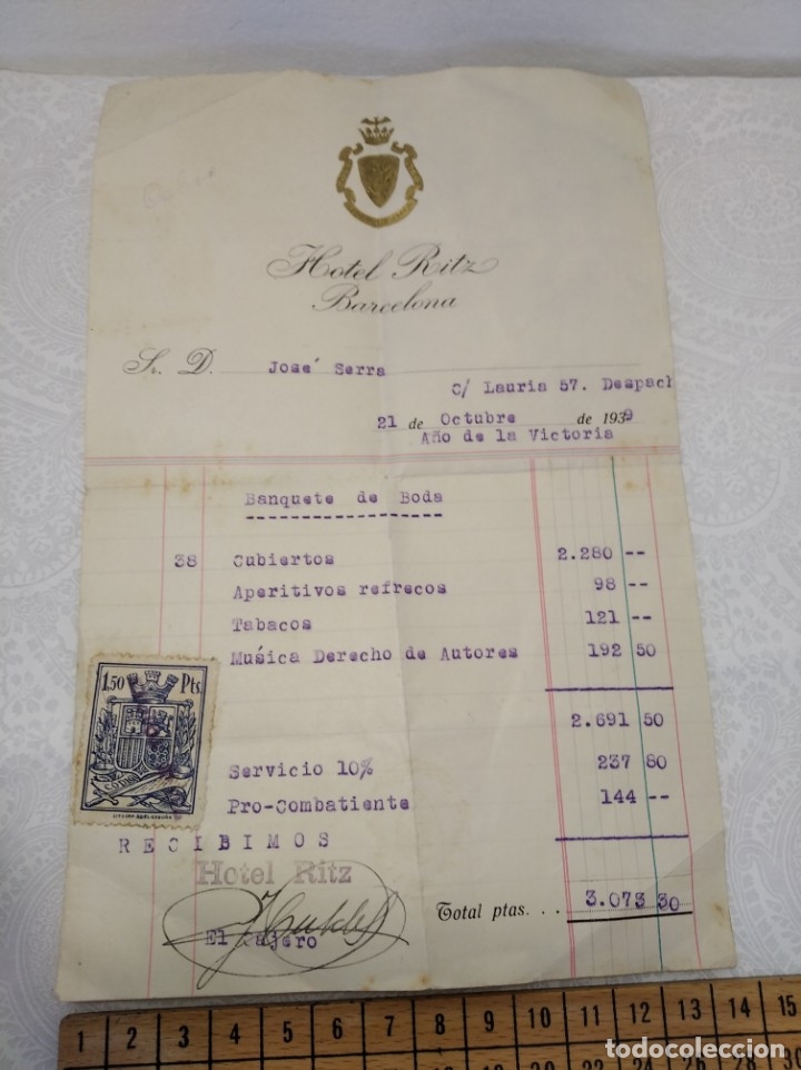 Facturas antiguas: Antigua Factura del Hotel Ritz de Barcelona - Año 1939 - con sello republicano - REF: 490/500 - Foto 1 - 178355232