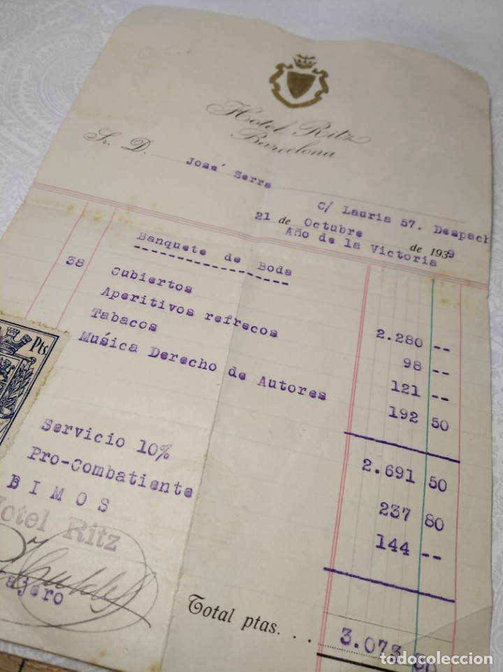 Facturas antiguas: Antigua Factura del Hotel Ritz de Barcelona - Año 1939 - con sello republicano - REF: 490/500 - Foto 3 - 178355232