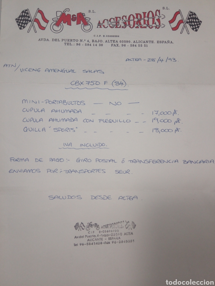 Facturas antiguas: Pressupuesto M&A accesorios. Altea. Honda CBX 750. A&ntilde;o 1993