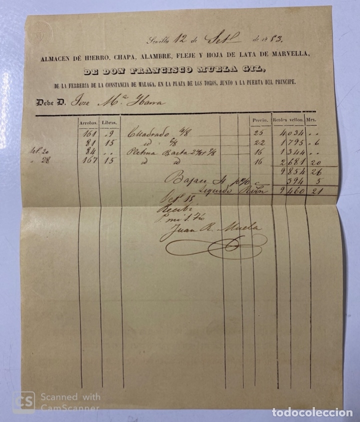 Facturas antiguas: SEVILLA, 1853. ALMACEN DE HIERRO, CHAPA, ALAMBRE, FLEJE. DON FRANCISCO MUELA GIL.