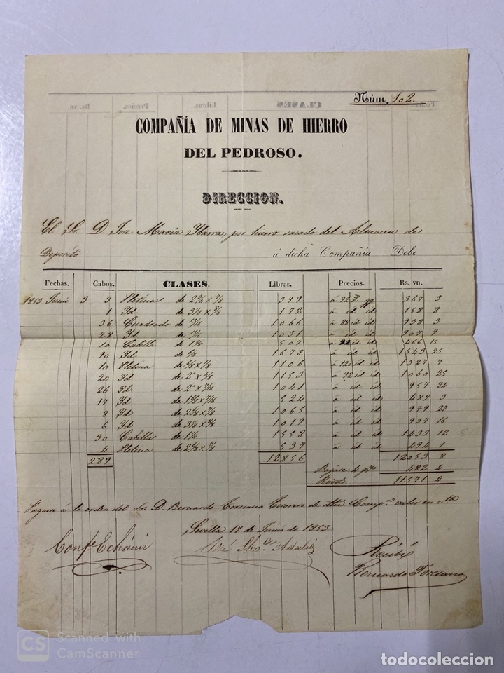 Facturas antiguas: SEVILLA, 1853. COMPA&Ntilde;IA DE MINAS DE HIERRO DEL PEDROSO. - Foto 1