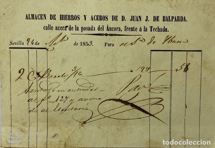 Alte Rechnungen: SEVILLA, 1853. ALMACEN DE HIERROS Y ACEROS DE D. JUAN DE BALPARDA.