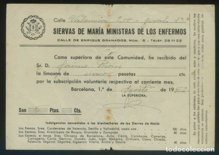Alte Rechnungen: Barcelona. *Siervas de Mar&iacute;a Ministras de los Enfermos* Meds: 110x157 mms. Fechada 1952.
