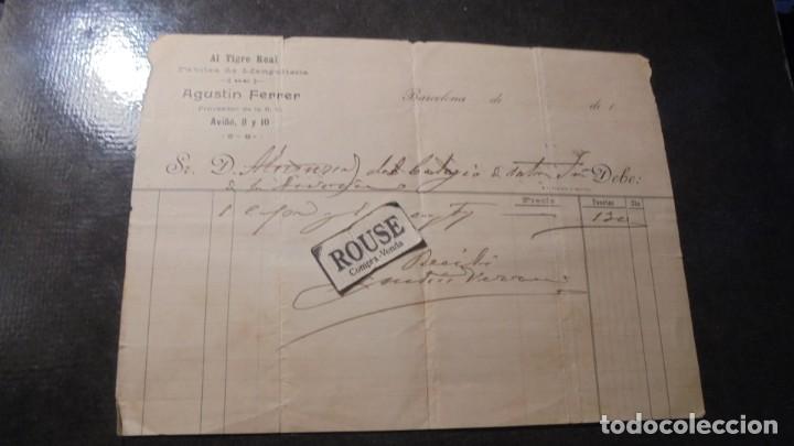 Facturas antiguas: BARCELONA - ANTIGUA FACTURA 188...AL TIGRE REAL F&Aacute;BRICA DE MANGUITERIA DE AGUSTIN FERRER C. AVI&Ntilde;&Oacute; 8