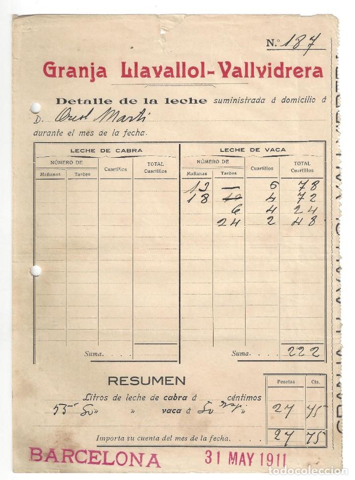 Facturas antiguas: FACTURA ANTIGUA- GRANJA LLAVALLOL VALLVIDRERA. BARCELONA- 1911