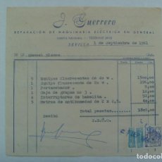 Facturas antiguas: FACTURA DE J. GUERRERO , REPARACION DE MAQUINARIA ELECTRICA. SEVILLA, 1961 . CON VIÑETAS. Lote 189781117
