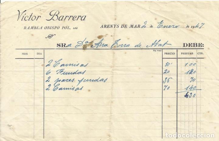 Facturas antiguas: Factura Victor Barrera. Rambla Obispo Pol. Arenys de Mar. 1947. Ana Torra de Abat. Buen estado.