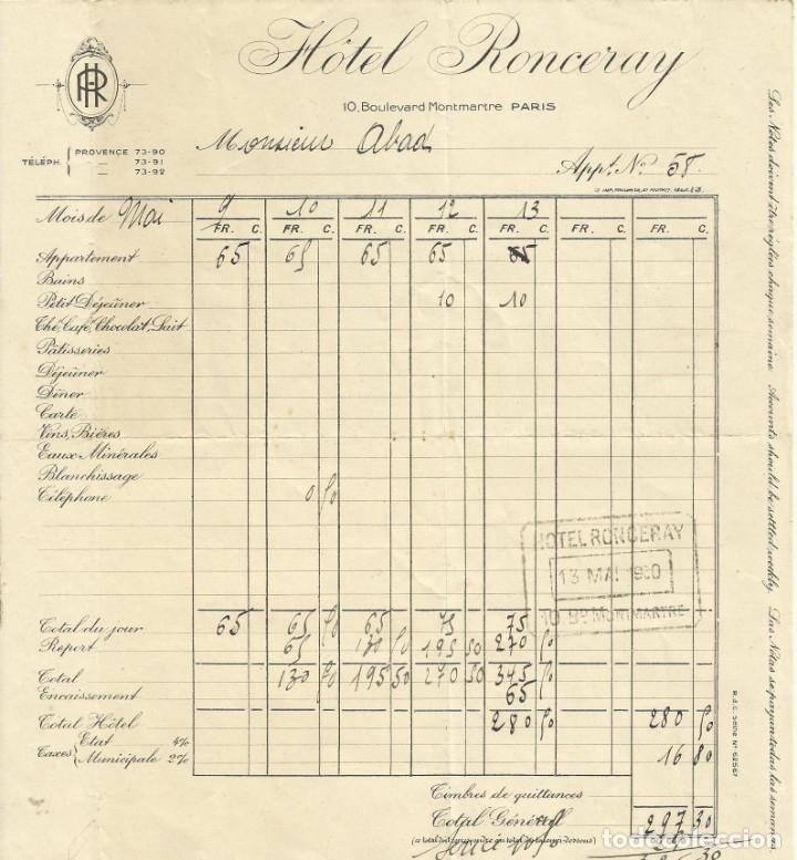 Facturas antiguas: Hotel Ronceray. Par&iacute;s. 1930. Monsieur Abad. Appt. N&ordm; 58. Buen estado. 22x20 cm. Factura.