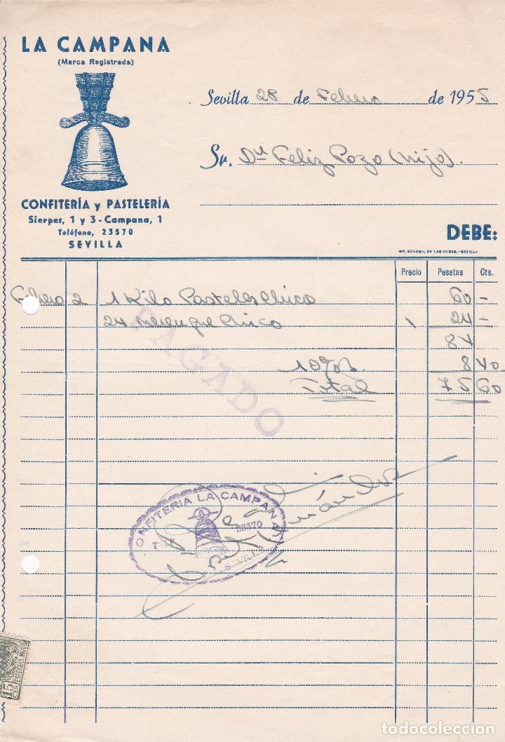 Facturas antiguas: Factura. La CAmpana. Confiter&iacute;a y Pasteler&iacute;a. Sevilla 1955