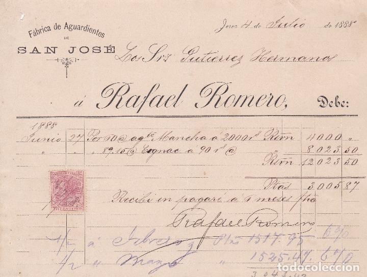 Facturas antiguas: Factura. Rafael Romero. F&aacute;brica de aguardientes de San Jos&eacute;. Jerez 1888