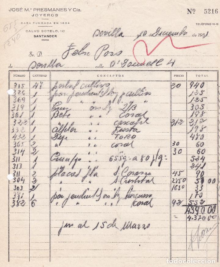 Facturas antiguas: Factura. Jose M&ordf; Presmanes y C&iacute;a. Joyeros. Sevilla 1951