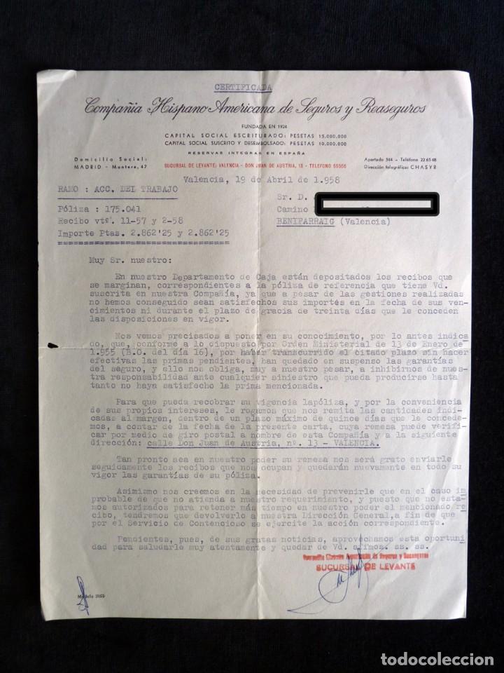 Facturas antiguas: CARTA COMERCIAL, COMPA&Ntilde;&Iacute;A HISPANO AMERICANA DE SEGUROS Y REASEGUROS. VALENCAI, 1958 - Foto 1