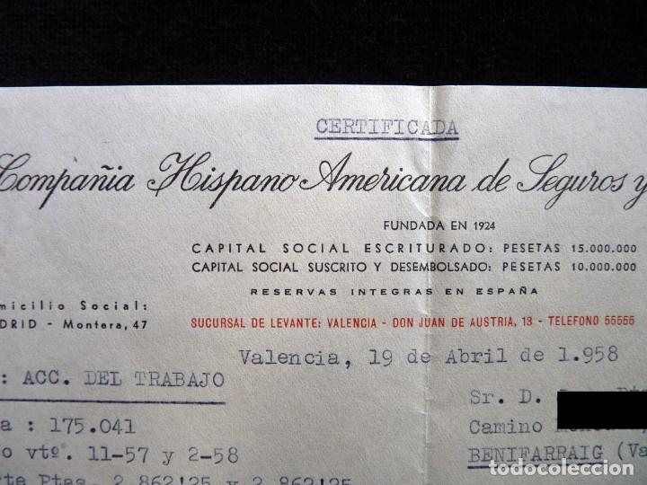 Facturas antiguas: CARTA COMERCIAL, COMPA&Ntilde;&Iacute;A HISPANO AMERICANA DE SEGUROS Y REASEGUROS. VALENCAI, 1958 - Foto 2