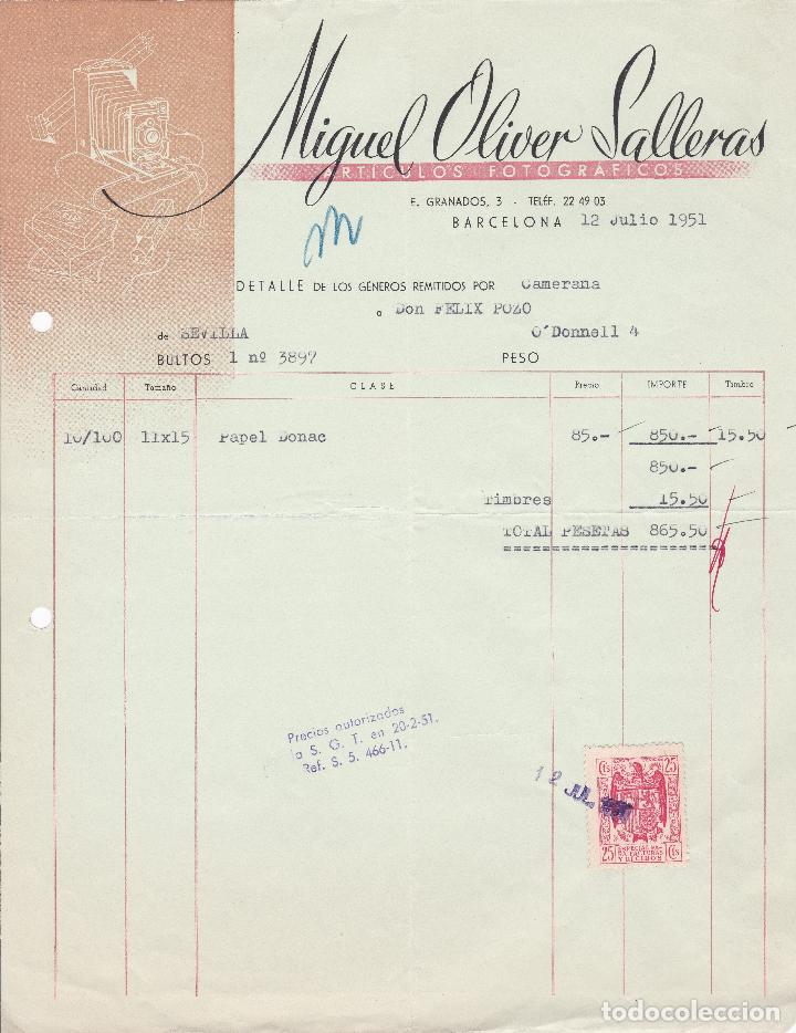 Facturas antiguas: Factura. Miguel Oliver Salleras. Art&iacute;culos Fotogr&aacute;ficos. Barcelona 1951